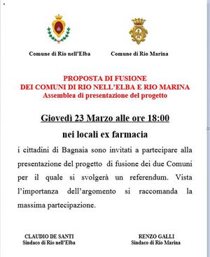 Proposta di fusione dei Comuni di Rio nell'Elba e Rio Marina  Gioved 22 Marzo presentazione in assemblea pubblica a Bagnaia
